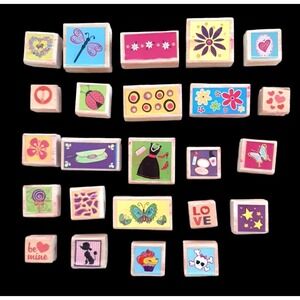 24 rubber stamp stamps wood mount ladybug flowers butterfly hearts poodle makeup